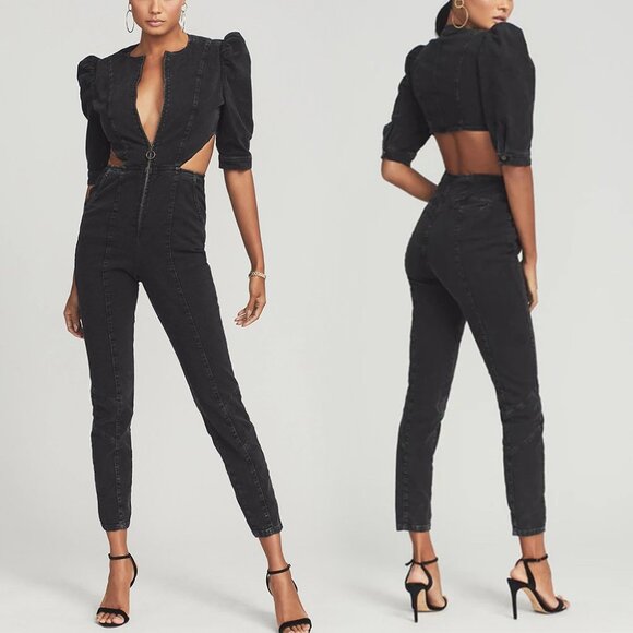 Retrofete Kiara Jet Black Italian Denim Jumpsuit Zip Closure Cut-Outs XS X-Small - Picture 2 of 10